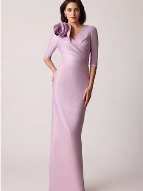 Teri Jon Lavender Wrap-Front Maxi Gown with Floral Shoulder